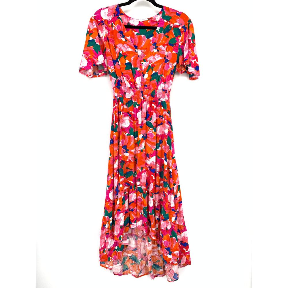 Floral Midi Dress in Bright Orange and Pink